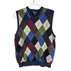 Club Room Mens Argyle Cashmere Sweater Vest Large Multicolor Navy V-neck